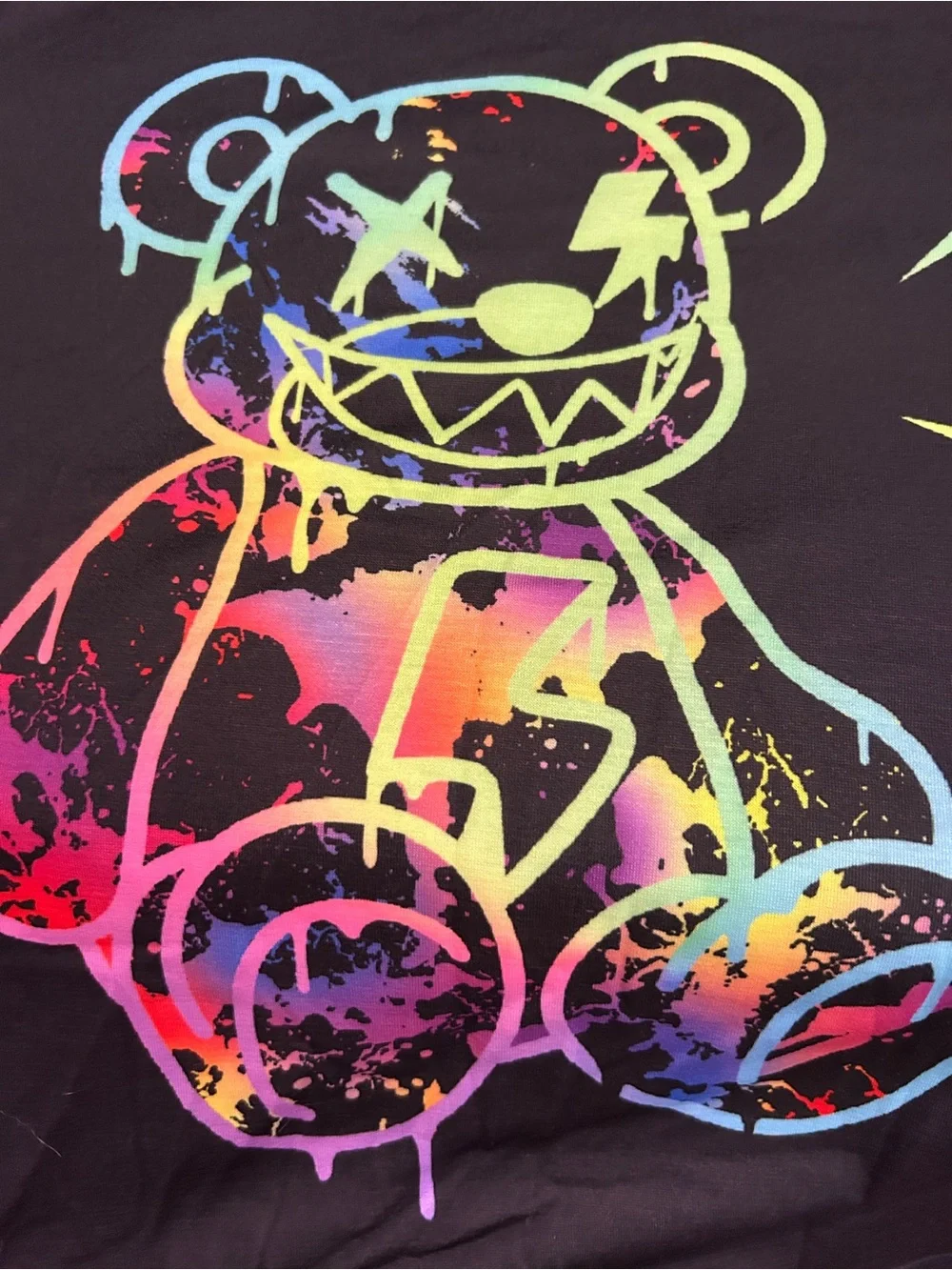 Black Graphic Teddy Bear Tee with Neon Rainbow Print with socks